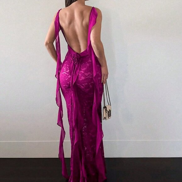 Red Violet Elegant Women's Comfortable Lace Ruffled Back Ruched Chiffon Dress - Picture 4 of 5